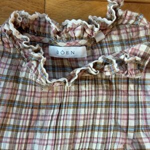 Doen Pink, Brown & Blue Plaid Ruffle Neck Blouse